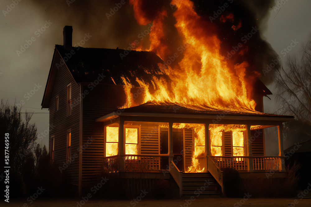 The house engulfed in flames,ai generated