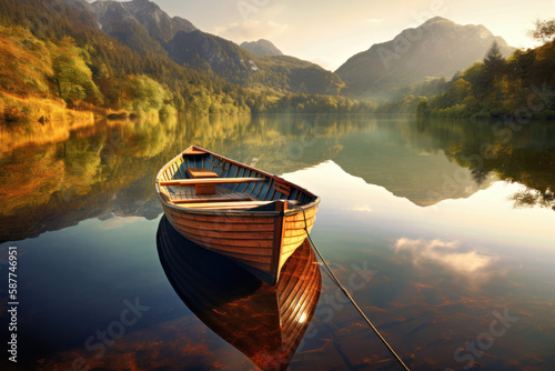 Fotografija A lake and boats dyed in the colors of the sunrise, Generative AI