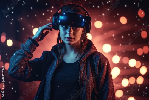 Photo of a woman with a VR headset standing in front of a glowing background with a sparkling futuristic scene. © GMZ