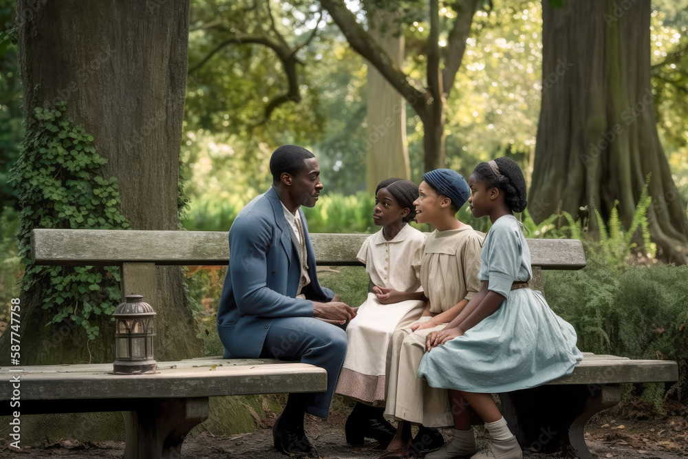 A multi ethnic family talking in the city park, seated on a bench - Generative AI A multi ethnic family talking in the city park, seated on a bench - Generative AI