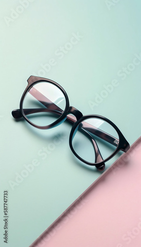 Frame of glasses of round shape on on a pastel pink turquoise background. top view. Generative AI