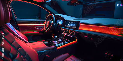 Interior of a modern car at night, led strips lighting and giant touchscreen - Generative AI
