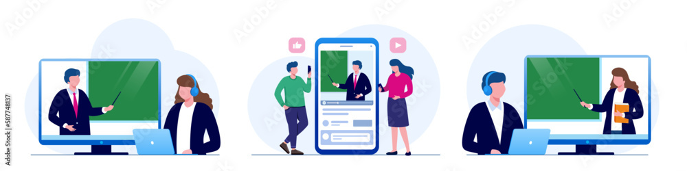 E-learning banner. Online education, home schooling. Modern workplace, teacher on laptop screen, people watching online course. Web courses or tutorials concept. Education concept. Vector illustration E-learning banner. Online education, home schooling. Modern workplace, teacher on laptop screen, people watching online course. Web courses or tutorials concept. Education concept. Vector illustration