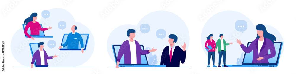 People connecting online with teleconference and video conference for meeting learning remote working concept. flat vector illustration design