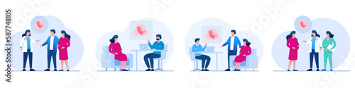 Pregnant woman visits her gynecologist in the medical office. Doctor talks with woman expecting a baby. Consultation and check up during pregnancy concept. Vector illustration