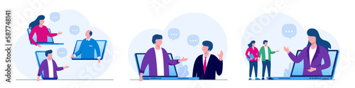 People connecting online with teleconference and video conference for meeting learning remote working concept. flat vector illustration design