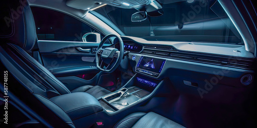 Interior of a modern car at night, led strips lighting and giant touchscreen - Generative AI © jovannig