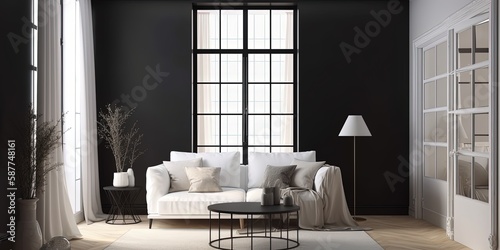 Modern interior design of scandinavian apartment. Home interior with window. 3d rendering. Lving room with white sofa over a dark stucco wall.  photo