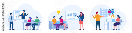 People makes a presentation of a project by showing charts on a flipchart and showing a laptop. Brainstorming. Flat vector illustration of business presentation concept.