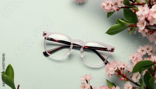 Translucent Frame of glasses of round shape on on a pastel turquoise background and flowers top view. Generative AI