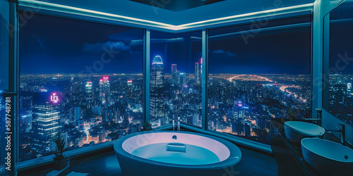 A detailed image of a modern bathroom  illuminated by LED strips  with large windows overlooking the greatest city view of skyscrapers - Generative AI