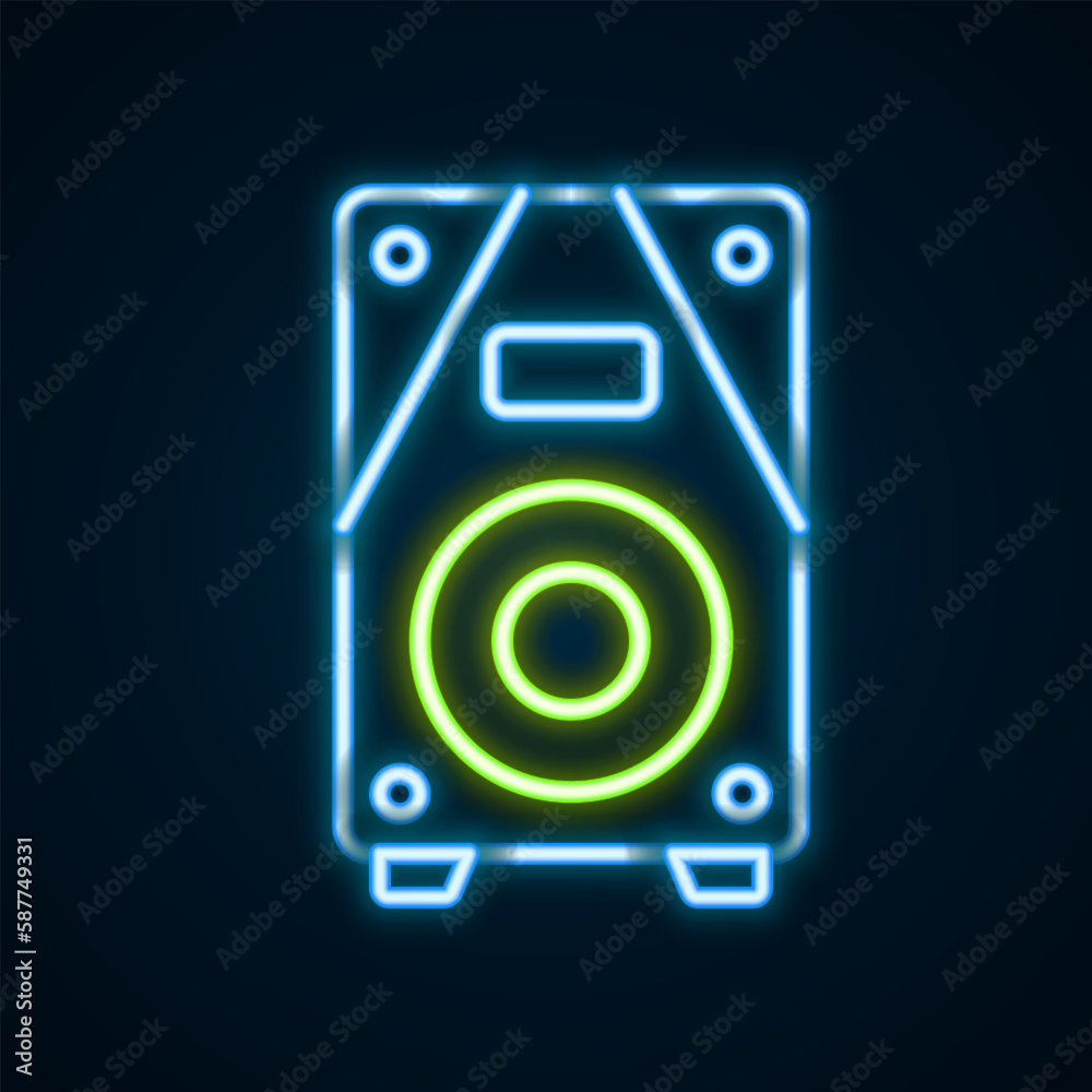 Glowing neon line Stereo speaker icon isolated on black background. Sound system speakers. Music icon. Musical column speaker bass equipment. Colorful outline concept. Vector Glowing neon line Stereo speaker icon isolated on black background. Sound system speakers. Music icon. Musical column speaker bass equipment. Colorful outline concept. Vector