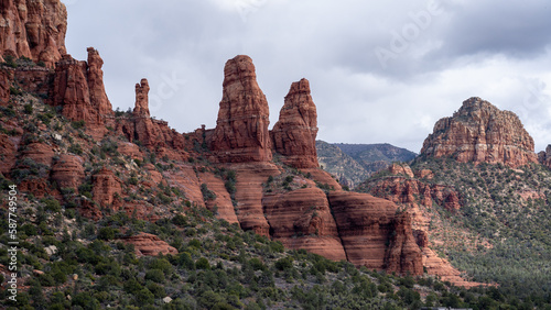 View of Sedona, Arizona. Surrounded by red-rock buttes, steep canyon walls and pine forests.
