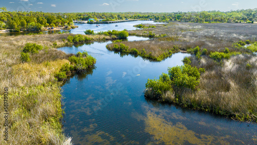 Florida Sawgrass Aerial Photo From Drone. Saw grass, a common name of some species of plants in the genus Cladium; Sawgrass, Florida, a town in the United States