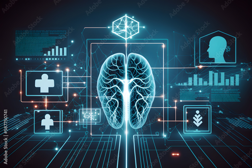 Fototapeta premium Medical icon network connection with modern virtual screen interface on hospital background, medicine technology network concept made with Generative AI