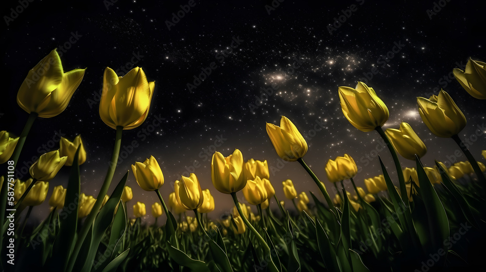 Yellow tulips bloom under a starry night sky, creating a glowing field ...
