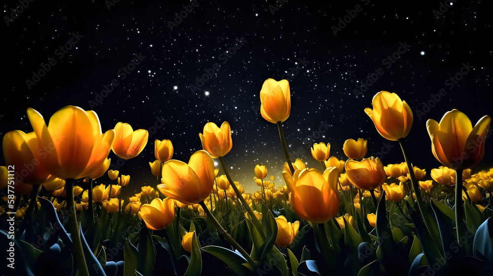 Glowing field of yellow tulips under a starry night sky, inspired by ...