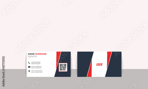 New business card design . New business card design double sided creative business card with QR code dark blue colour business card design abstract vector design unique simple card CMYK mood red .