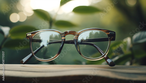 Eyeglass frames on a wooden table against a blurred landscape. Generative AI