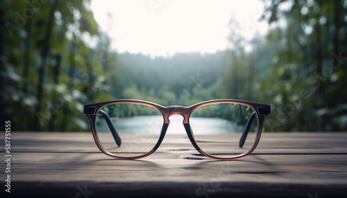Eyeglass frames on a wooden table against a blurred landscape. Generative AI
