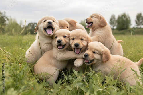 A group of golden retriever puppies playfully tumbling over one another in a grassy field, their wagging tails and joyful expressions highlighting their energetic and friendly, ai generative photo