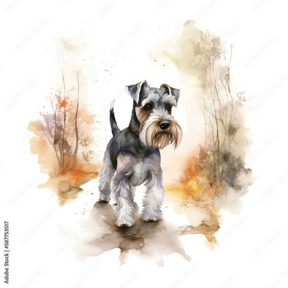 Watercolor style portrait of a Schnauzer dog on a walk in a park. Pastel colors. AI generated.