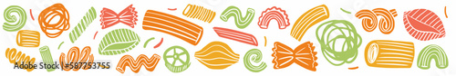 Vector horizontal illustration with a collection of different pasta hand-drawn in the style of a doodle