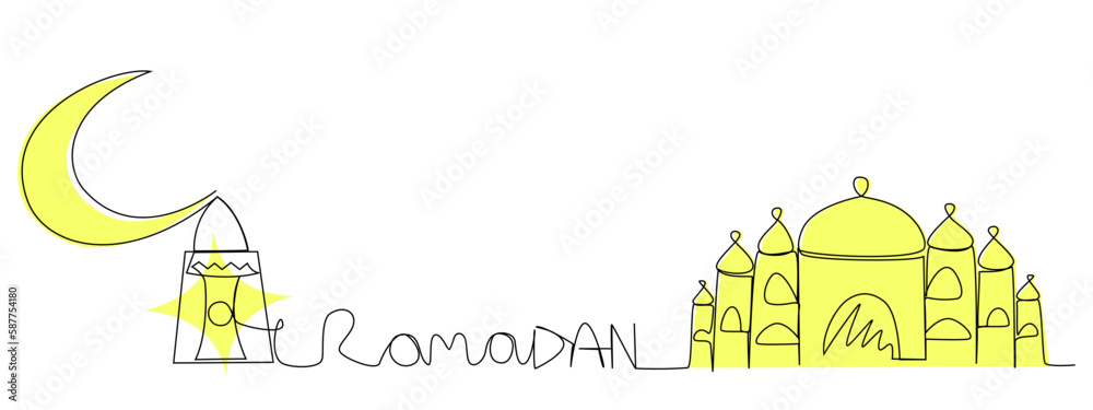 Ramadan in one line with a yellow silhouette on a white background. Mosque, crescent and lamp. Muslim holiday vector illustration. Stock minimalistic image.