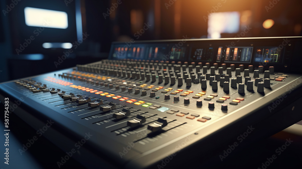 Professional audio studio sound mixer console board panel with recording. Generative Ai