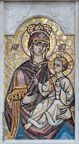 Beautiful Mosaic icon of the Mother of God with Jesus Christ in the iconostasis of the Orthodox Church