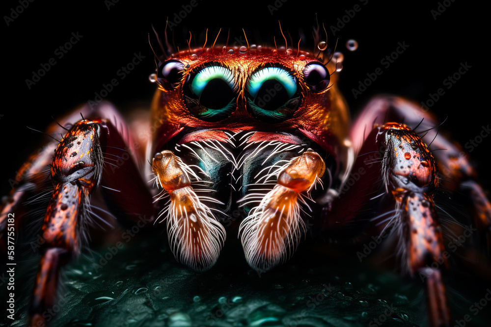 Fototapeta premium Very close and detailed macro portrait of a spider against a dark background. Generative ai