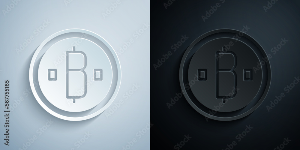 Paper cut Cryptocurrency coin Bitcoin icon isolated on grey and black background. Physical bit coin. Blockchain based secure crypto currency. Paper art style. Vector Paper cut Cryptocurrency coin Bitcoin icon isolated on grey and black background. Physical bit coin. Blockchain based secure crypto currency. Paper art style. Vector