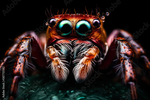 Very close and detailed macro portrait of a spider against a dark background. Generative ai © Lukas Juszczak