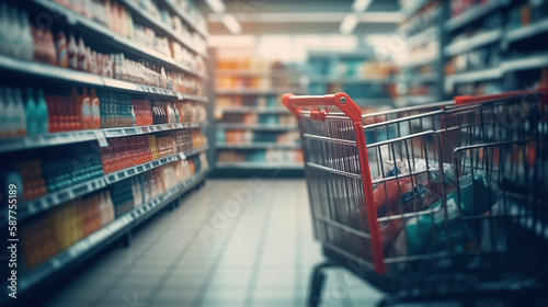 Shopping cart filled with food and drinks and supermarket shelves in the background. Generative Ai