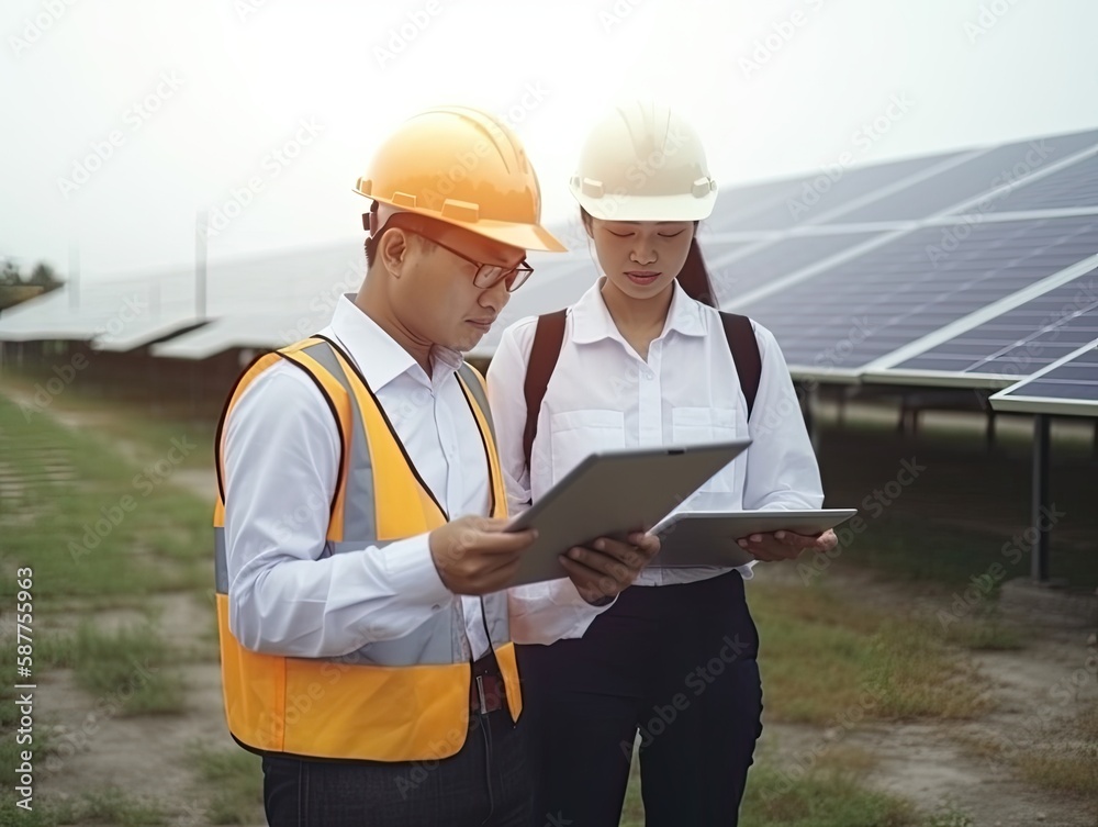 Young couple engineers checking solar pannels outdoors, Ai Generative. Young couple engineers checking solar pannels outdoors, Ai Generative.