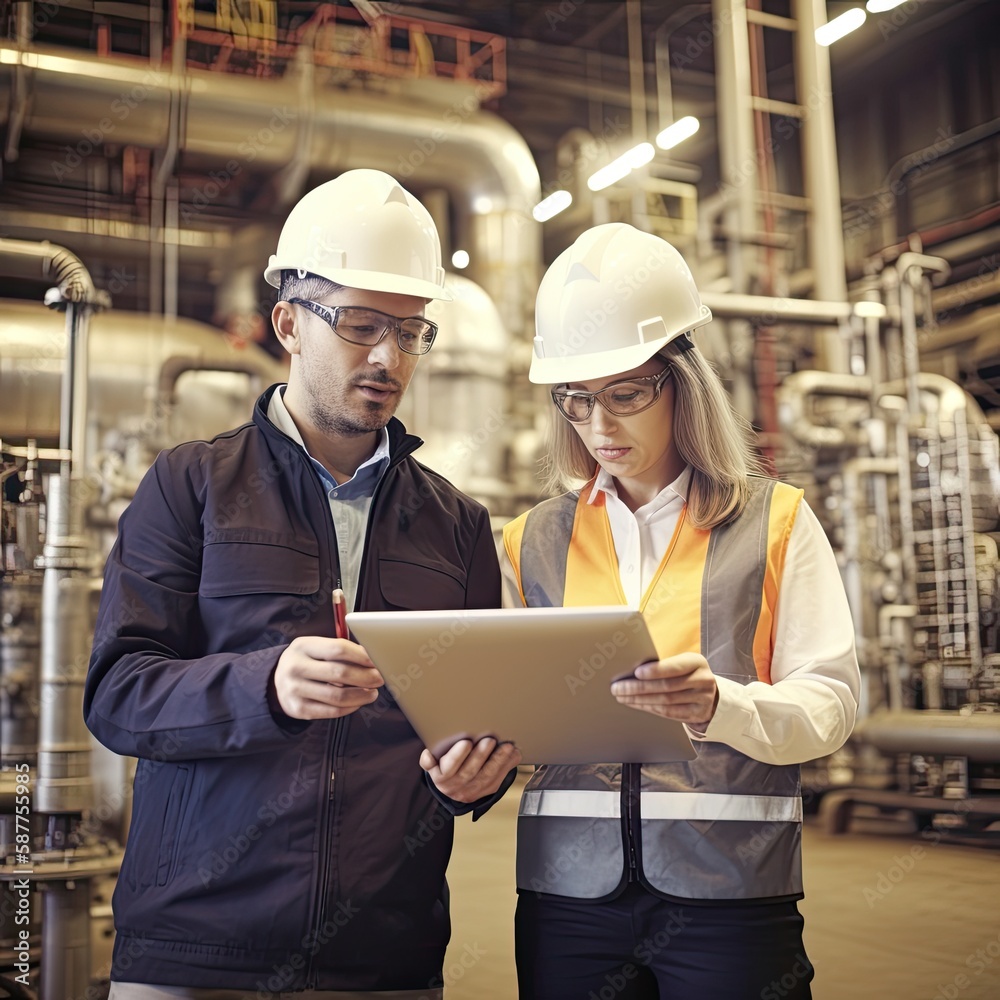 Young couple engineer working with a laptop in the factory, Ai Generative. Young couple engineer working with a laptop in the factory, Ai Generative.
