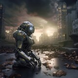Sad robot sitting, in a ruined city after the war. Ai Generative.