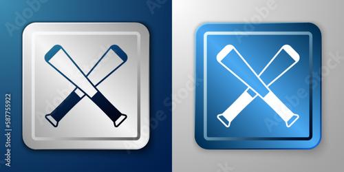 White Crossed baseball bat icon isolated on blue and grey background. Silver and blue square button. Vector