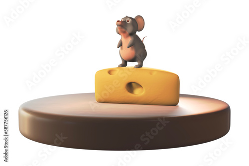mouse standing on a piece of cheese lying on a wooden floor. transparent background. 3d rendering.