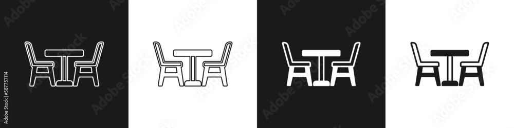 Set Wooden table with chair icon isolated on black and white background. Vector Set Wooden table with chair icon isolated on black and white background. Vector