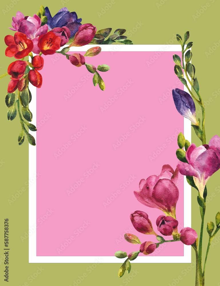 Watercolor card with flowers. Freesia branch and flower on an olive background