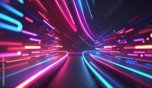 3d renders. Digital futuristic ultraviolet wallpaper, abstract neon background, pink blue glowing lines and bokeh lights. Generative AI