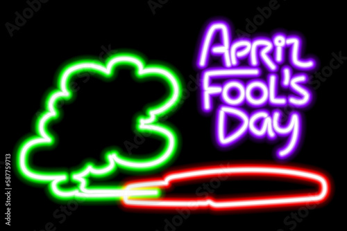 Neon prank fart pillow on black background. April Fools vector illustration.
