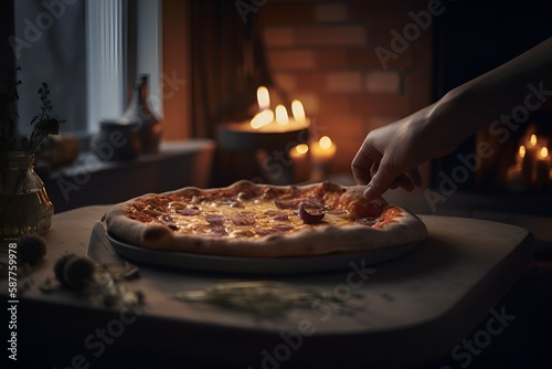 A freshly made pizza straight out of the oven. A hand reaches for a slice. Fire in the background. Generative AI.