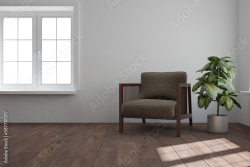 modern room with armchair and plant in pot interior design. 3D illustration