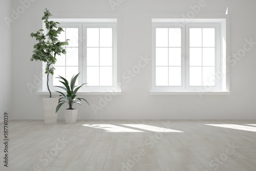 modern room with plants in white pots interior design. 3D illustration