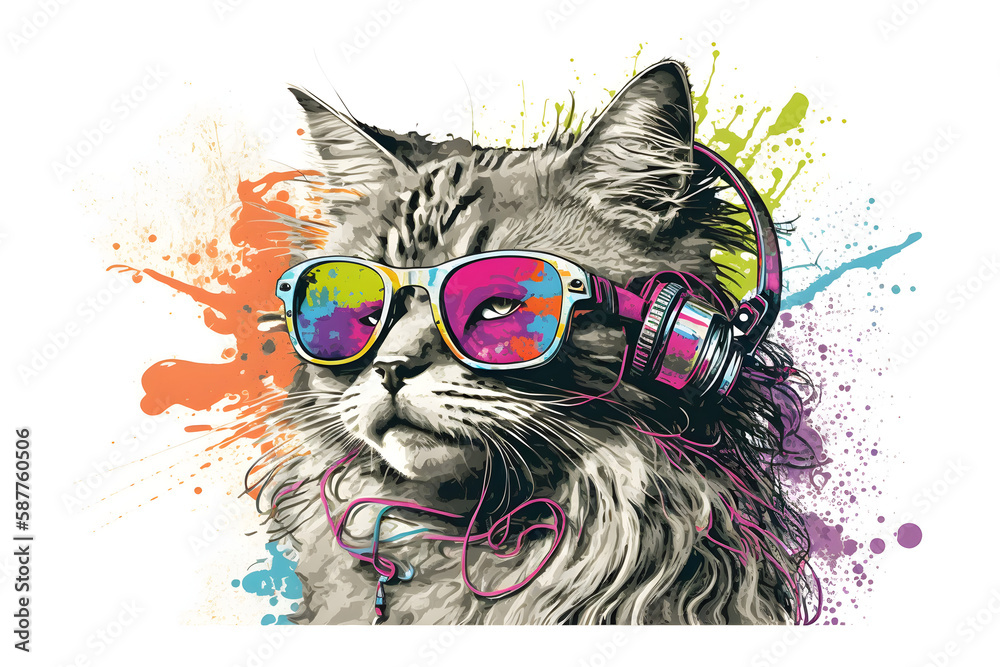 grey colour hippie cat muzzle in sunglasses and headphone colourful and vibrant ink paint splash on white background, T-shirt painted print, ink splashing, groovy, retro (generative AI)