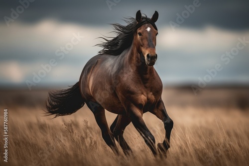 Brown Horse Running In A Field With A Cloudy Sky In The Background. Generative AI