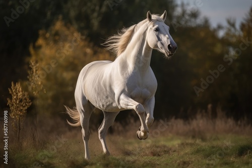 A Wild White Horse Has Started On Its Hind Legs In A Field. Generative AI © Anastasiia