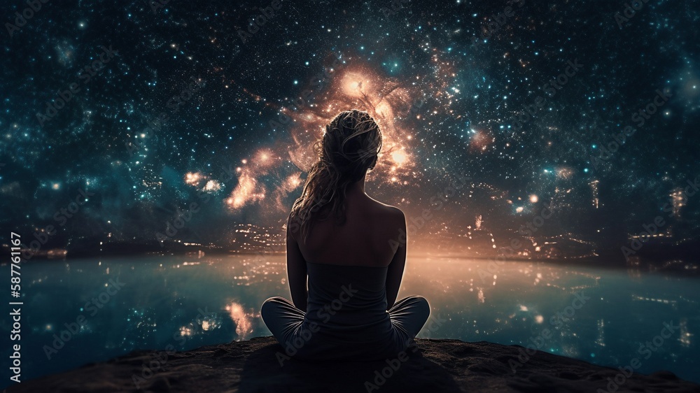 Celestial Yoga Woman in Lotus Pose with Night Sky and Stars, Generative AI Celestial Yoga Woman in Lotus Pose with Night Sky and Stars, Generative AI
